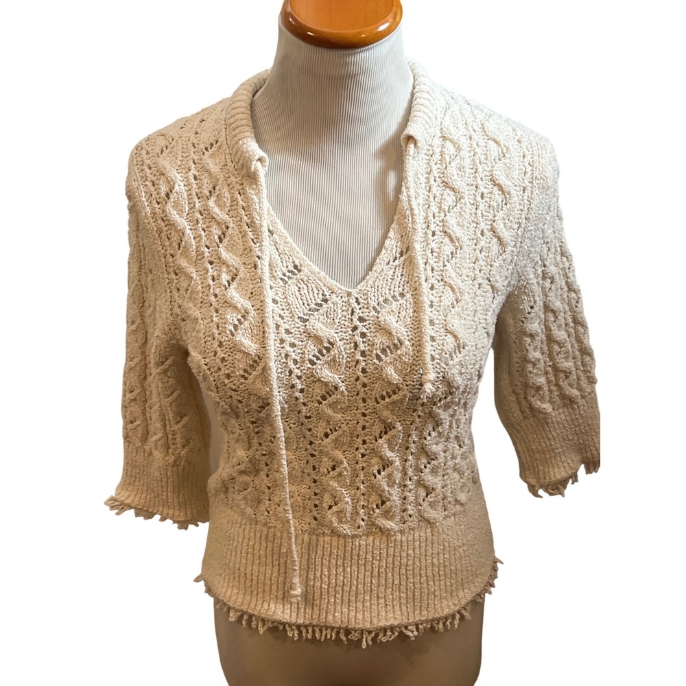 Boho Cream Beach Crochet Knit Earthy Granola Sweater Top 3/4 Sleeve Size Small